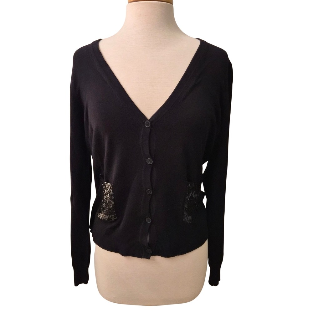 H&M Black Sequin Pocket V-Neck Cardigan Sweater Womens Large